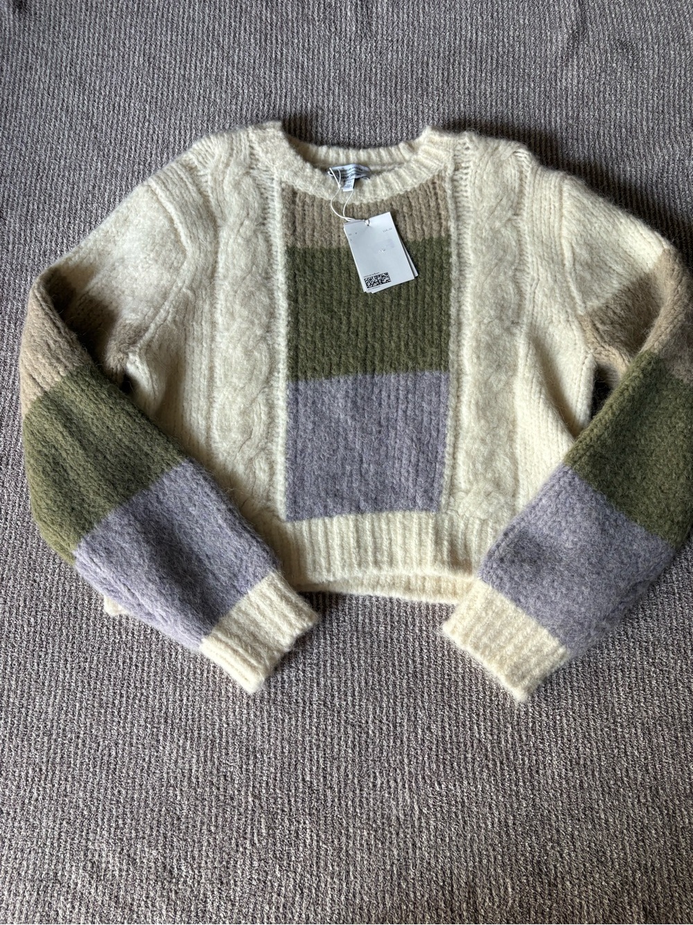 & Other Stories Cream, Olive & Gray Colorblock Cable Knit Sweater